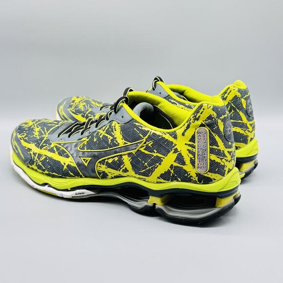 Mizuno Shoes Mens 14 Gray Yellow Paint Splatter Wave Creation 16 Running Sneaker - Picture 6 of 12